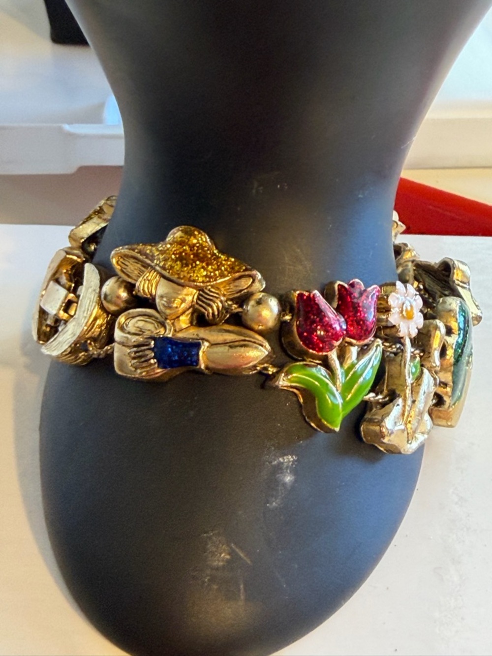 Gold-Tone Floral and Garden Charm Bracelet - Green, Red, White Glitter Enamel 7” - Picture 5 of 8